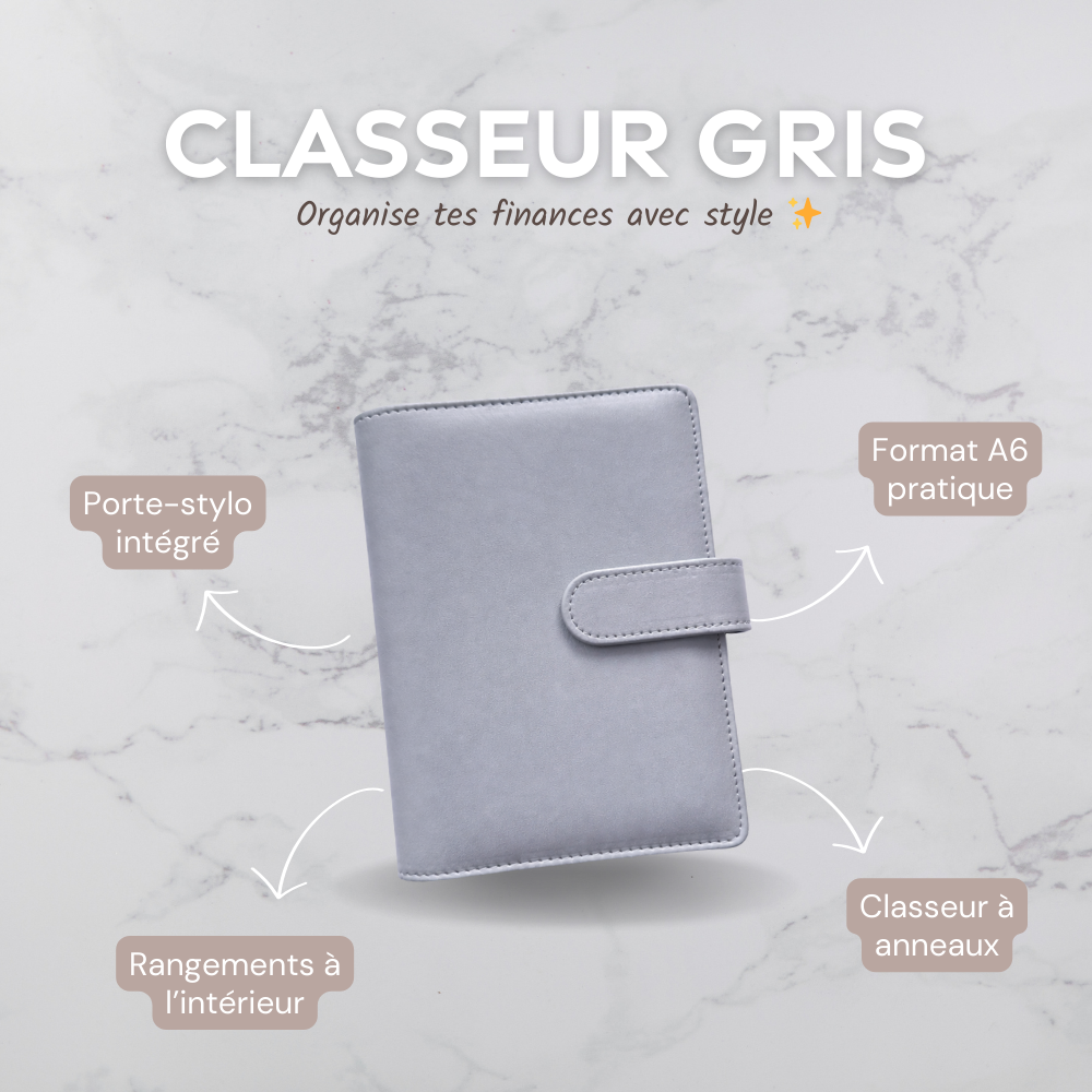 Classeur A6 gris à anneaux pour enveloppes budget Idy Chic
