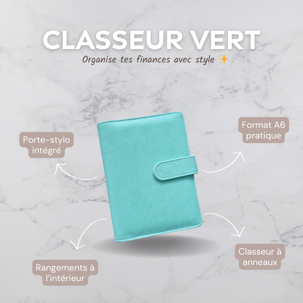 Classeur A6 vert à anneaux pour enveloppes budget Idy Chic