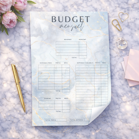 Budget Mensuel A5 Marbré Bleu – PDF Imprimable Idy Chic