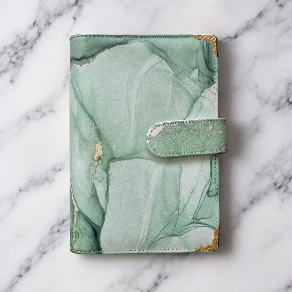 Classeur A6 vert marbré à anneaux pour enveloppes budget Idy Chic