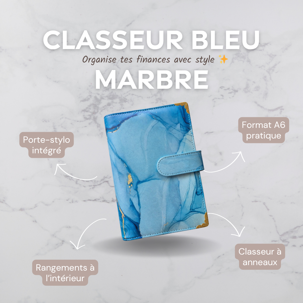 Classeur A6 bleu marbré à anneaux pour enveloppes budget Idy Chic