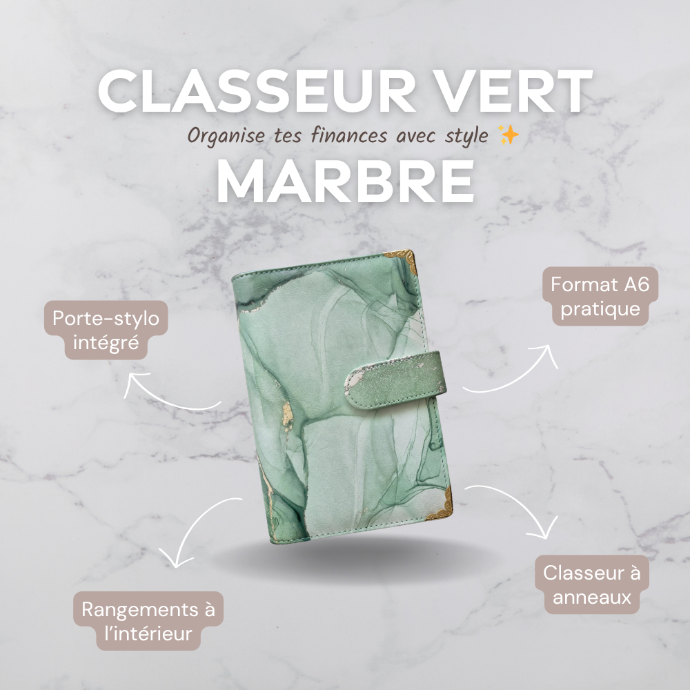 Classeur A6 vert marbré à anneaux pour enveloppes budget Idy Chic