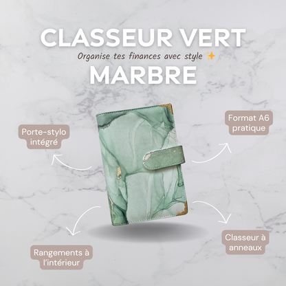 Classeur A6 vert marbré à anneaux pour enveloppes budget Idy Chic